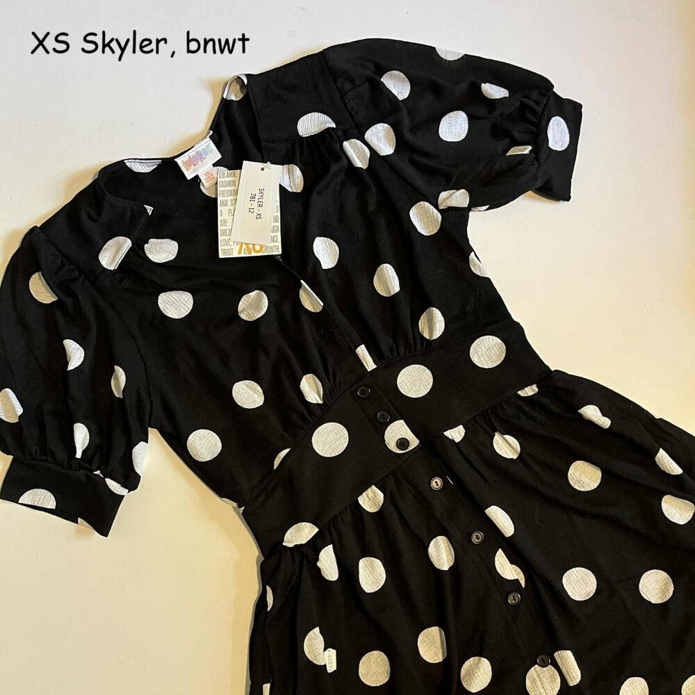 XS Lularoe Skyler midi button front dress, black with white polka dots